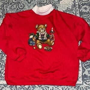 Vintage Basic Editions Red Christmas Teddy Bear Turtleneck Sweatshirt Size XL